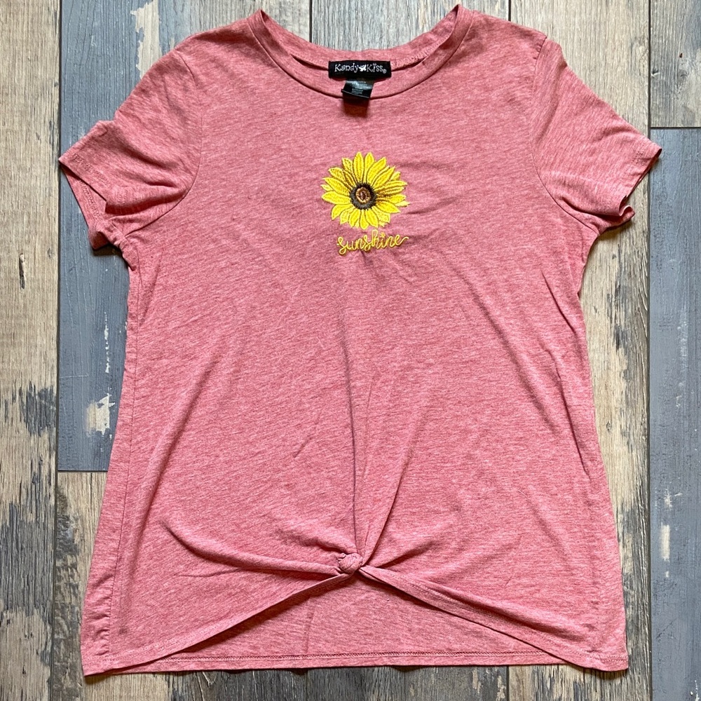 Kandy Kiss Girls Knot-Front Sunflower T-Shirt Tee Short Sleeve Top Size L 14